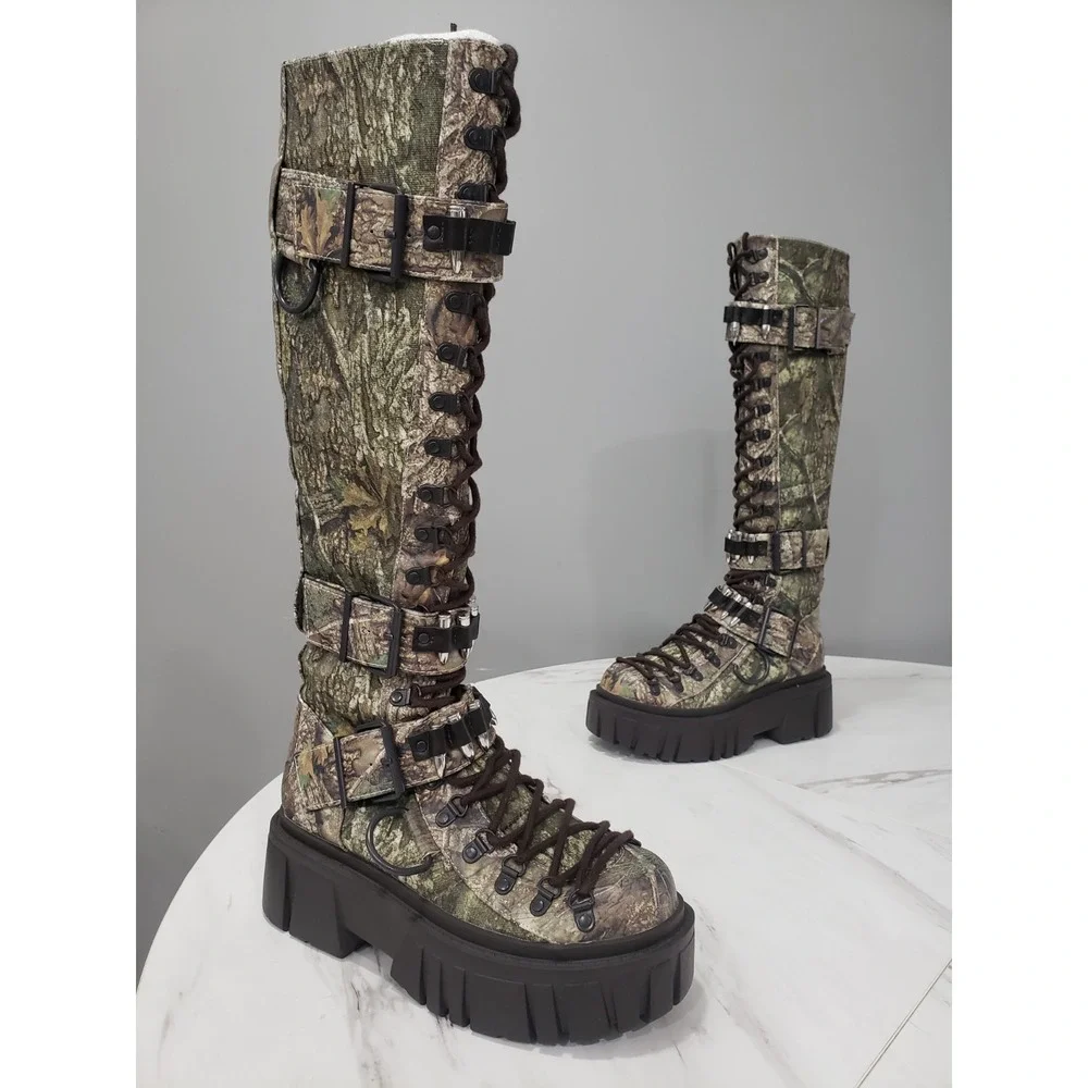 SZ 7 Dolls Kill Critic Knee High Hiker Camo BULLET Buckle Combat Boots REALTREE